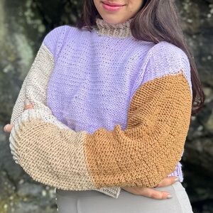 Hand-Knitted Colorblock Sweater - Lavender, Cream, and Tan